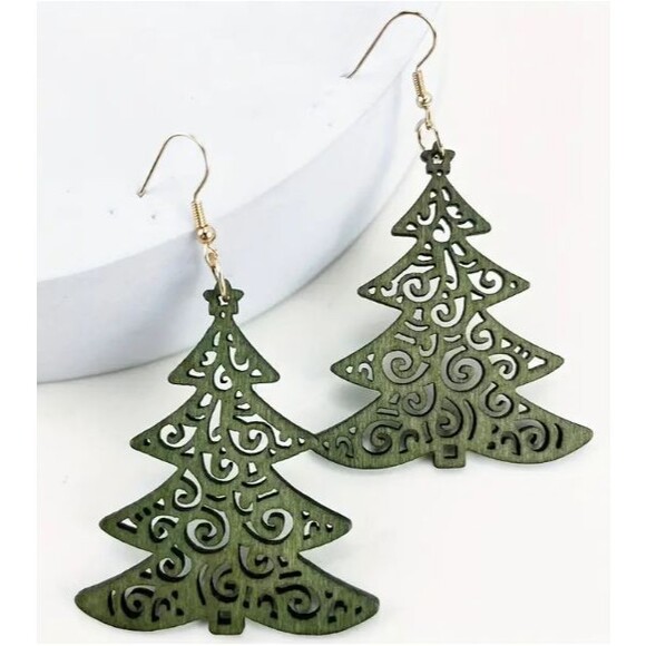 Christmas Tree earrings Wooden Dangle green - Picture 1 of 1